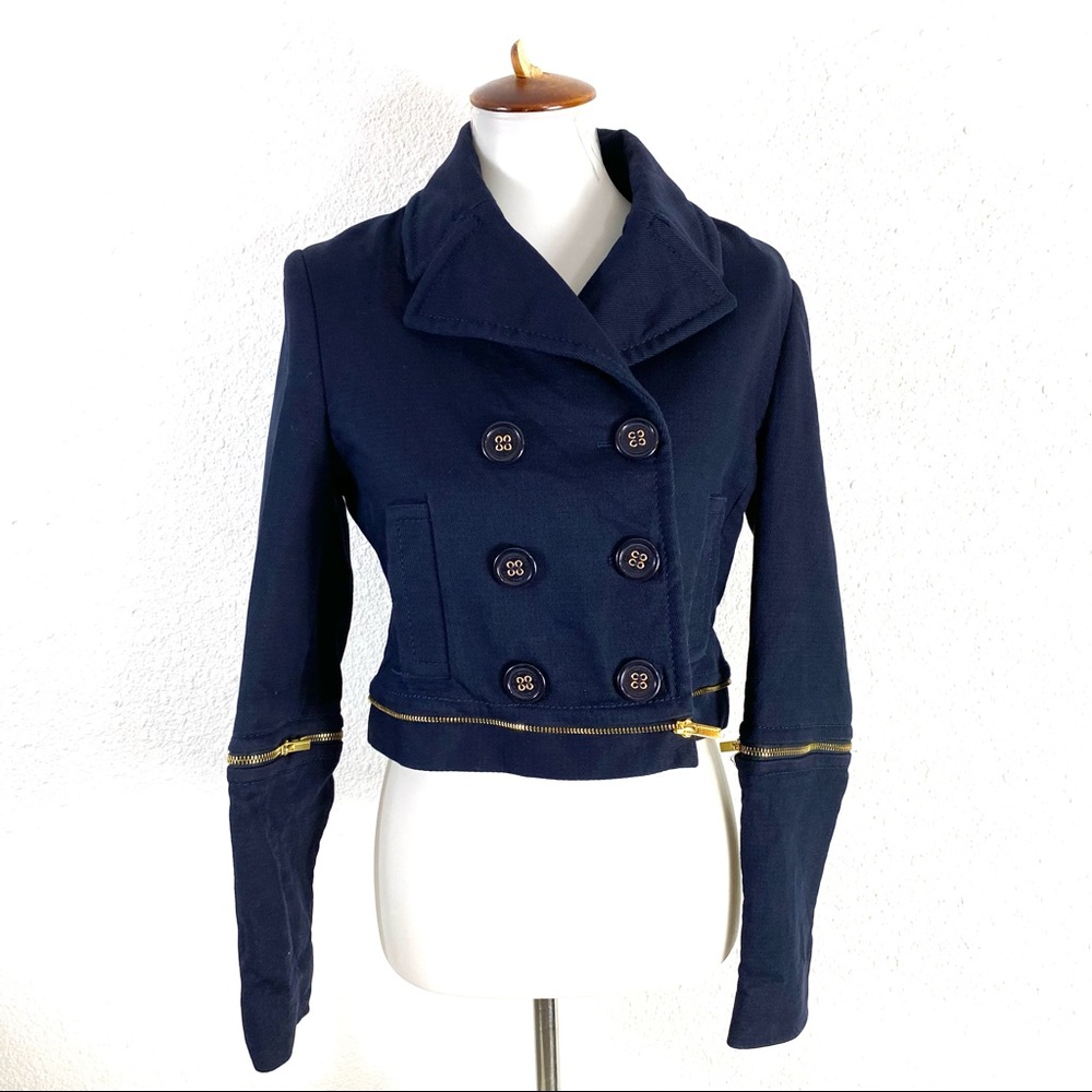 BCBGMaxAzria Navy Jean Jacket with Gold Accents
